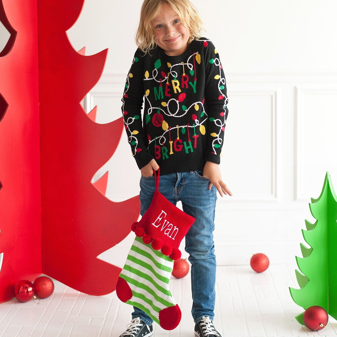 Green Stripe Pom-Pom Knit Stocking
